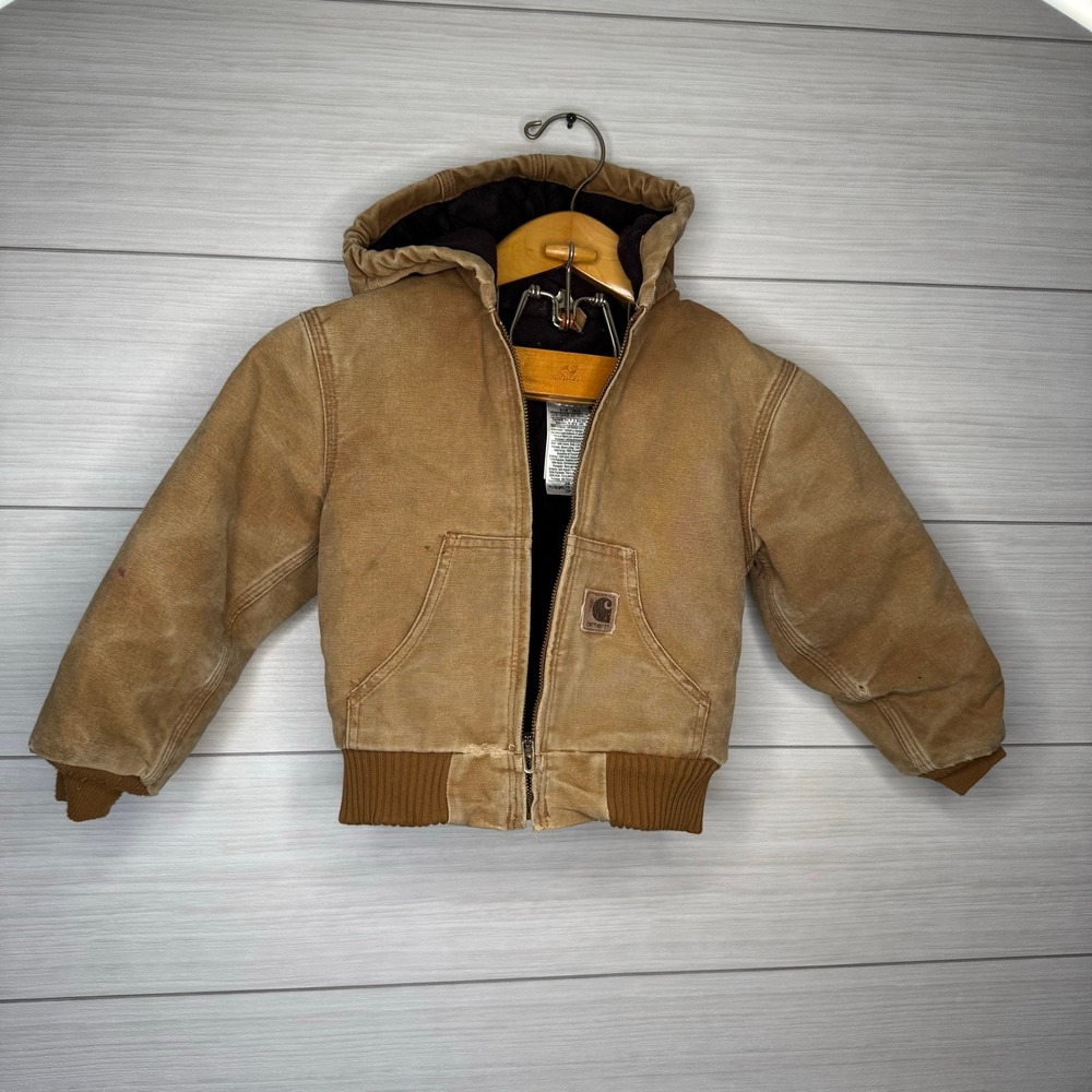 Carhartt‎ Kids Insulated Hooded Jacket Brown Canvas Workwear XS 4/6 Bad Zipper